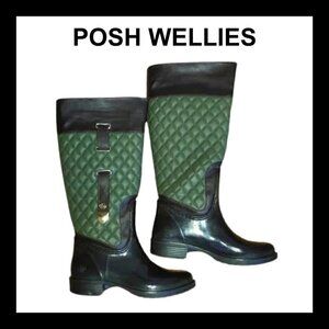 POSH WELLIES Green Brown Quilted Waterproof Rain Boots